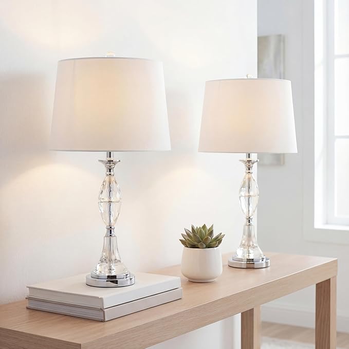 JONATHAN Y 25.5" Clear/Chrome Crystal Table Lamp Set of 2 for Bedroom, Traditional French Country Lamps for Living Room, White Linen Drum Shade, LED Bulbs Included JYL2041A-SET2