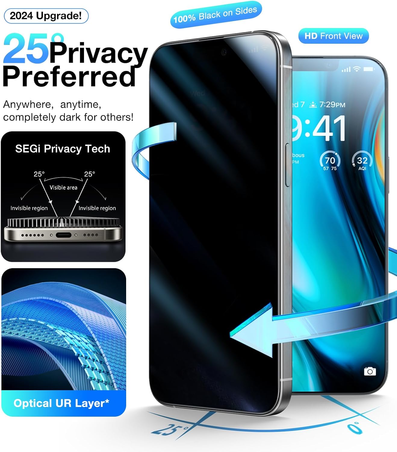 UltraGlass Ultra Top 9H+ Glass for iPhone 14 Privacy Screen Protector [Invisible Privacy Armor] Private Screen Protector 14 Tempered Glass [Full Coverage & Longest Durable] 2 Packs