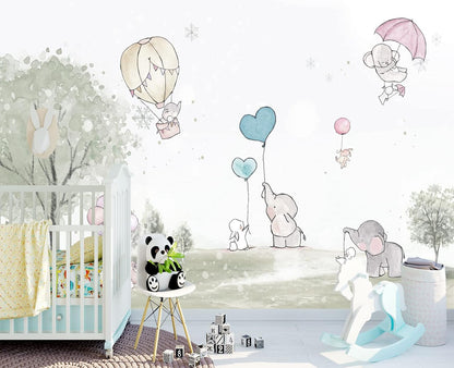 Cartoon Elephant Rabbit Balloon Nursery Wall Mural Wallpaper 178" x 117"