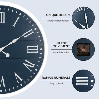 Large Wall Clock with Roman Numeral, 35” Shiplap Wall Clock Farmhouse Nearly Non-Ticking, Round Clock for Living Room Decor, Office, Bedroom, Entrance, Blue