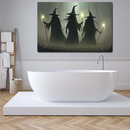 JFHCQJPK Vintage 3 witches canvas wall decor melancholy dark Halloween poster wall decor holding a staff print Gothic horror Halloween painting print for living room bedroom32x48in Frameless