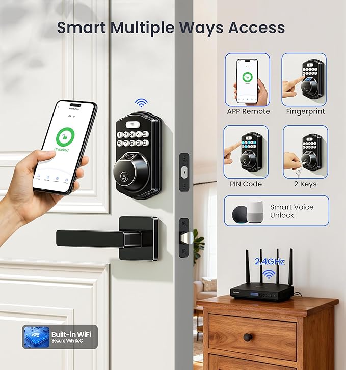 Veise VE012W-L Built-in Wi-Fi Fingerprint Smart Lock with Lever Handle Set, App Remote Control, Keyless Entry for Front Door, Deadbolt Digital Backlit Keypad, Voice Assistant, Auto Lock, Matte Black