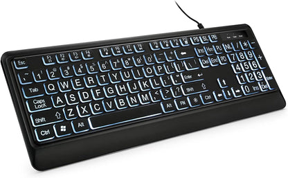 Large Print Backlit Keyboard, USB Wired Computer Keyboard, Full Size Keyboard with White Illuminated LED Compatible for Windows Desktop, Laptop, PC, Gaming, Black