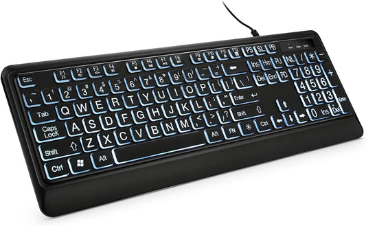 Large Print Backlit Keyboard, USB Wired Computer Keyboard, Full Size Keyboard with White Illuminated LED Compatible for Windows Desktop, Laptop, PC, Gaming, Black