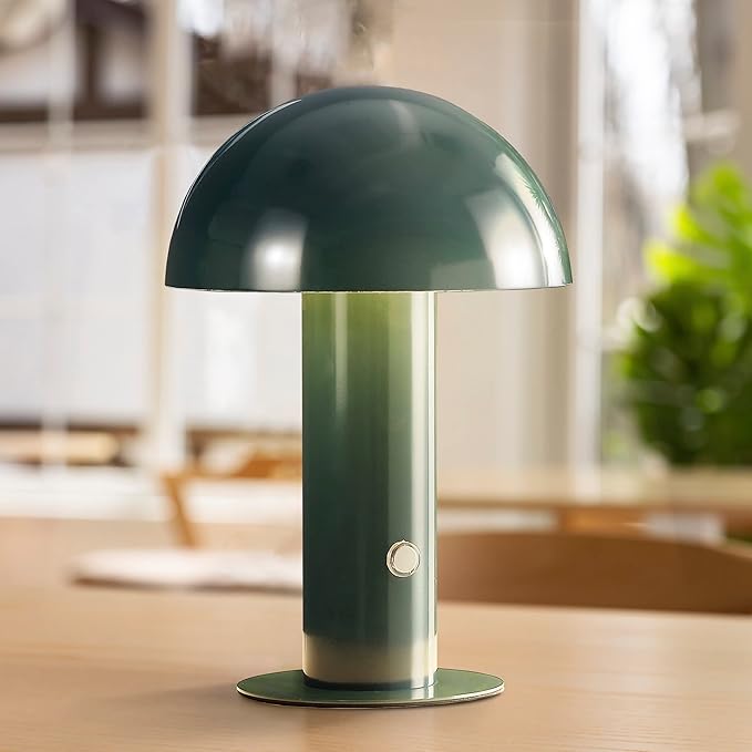 JONATHAN Y 10.75" Forest Green Rechargeable LED Mushroom Table Lamp, Cordless Portable Bedside Lamp for Living Room Bedroom, 3-Way Dimmable Modern Iron Desk Light, Metal Shade (JYL7115D)