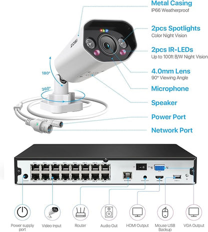 ZOSI 16CH 4K PoE Security Camera System with 2 Way Audio,H.265+ 8MP 16CH NVR with 4TB HDD for 24/7 Recording,8X 5MP PoE IP Cameras Indoor Outdoor with Person Vehicle Detection,Color Night Vision