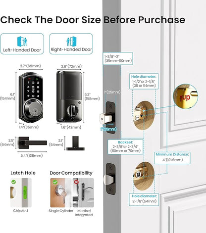 Veise VE06-L Smart Locks with 2 Lever Handle Set, App Control, Keyless Entry Deadbolt for Front Door, Electronic Digital Touchscreen Keypad, Auto Lock, Waterproof, Easy Installation, Matte Black