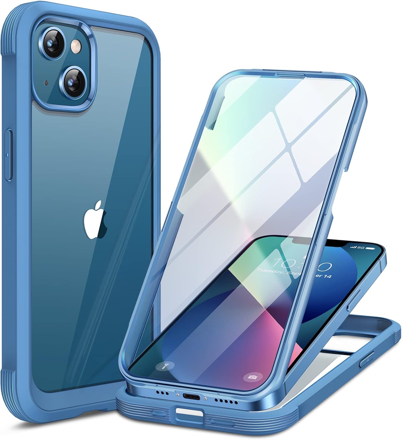 Miracase Compatible with iPhone 13 case 6.1 inch, 2023 Upgrade Full-Body Glass Clear Case Bumper Case with Built-in 9H Tempered Glass Screen Protector for iPhone 13 (Capri Blu)
