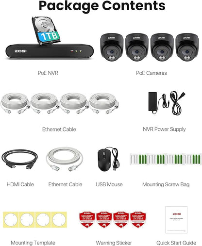 ZOSI C220 4CH 4MP QHD 2.5K PoE Home Security Camera System, 4 x 4MP(1440p) Dome IP Cameras Outdoor Indoor, Smart AI Human Detection, Two-Way Audio, 4CH 5MP 3K NVR with 1TB HDD for 24/7 Record