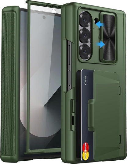 for Samsung Galaxy Z Fold 6 Case with Card Holder & Slide Camera Lens Cover & Hinge Protection & Screen Protector, Heavy Duty Full Body Protective Phone Cover Case for Galaxy Z Fold 6, Green
