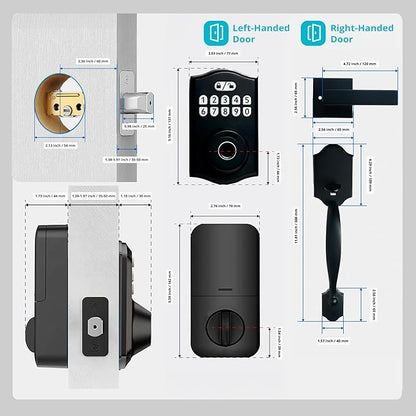Keypad & Fingerprint Keyless Entry Front Door Lock with Handle Set, Digital Electronic Deadbolt Code Lock for Exterior Door, Auto Lock, One Time Code, Anti Peeping, Holiday & Silent Mode