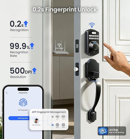 Veise VE012W-H WiFi Smart Front Door Lock Set, Built-in WiFi, App Remote & Voice Control, Fingerprint Keyless Entry Smart deadbolt with Handle, Backlit Keypad, Auto Lock, IP55 Waterproof, Matte Black