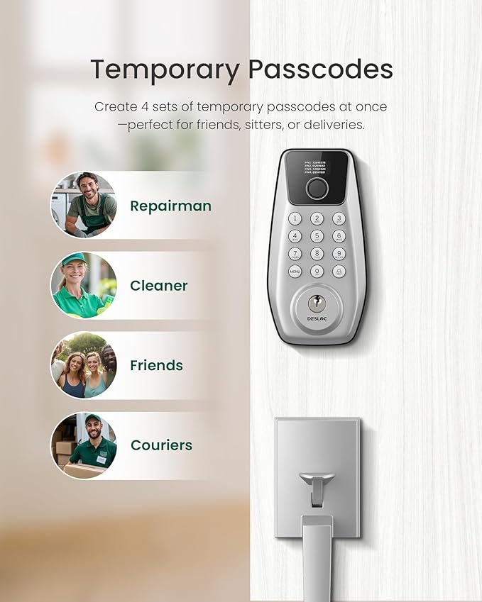 DESLOC C110 Fingerprint Smart Front Door Lock Set with Handle Keyless Entry Door Lock, Keypad Deadbolt, Auto-Lock, Easy DIY Installation, IP54 Weatherproof, Fits Most US Doors, Sliver