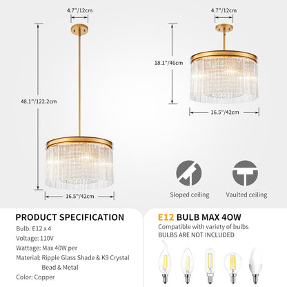 4-Lights Drum Glass Chandelier, Modern Style Light Fixture for Dining Room, Bedroom, Ripple Glass Shade & Brass Finish, D16.5 * H18~48 inch (Adjustable Height)