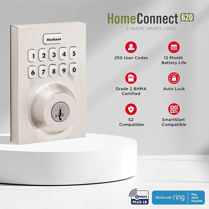 Kwikset HomeConnect 620 Z-Wave Long Range Enabled Keypad Smart Lock Convenient Keyless Entry, Customizable User Codes, Ring Alarm Compatible, Hub Required, Sold Separately Venetian Bronze Contemporary