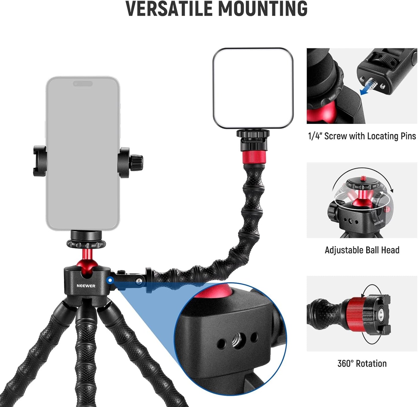 NEEWER T91 Flexible Tripod for iPhone Mini Cellphone Tripod Stand for Vlog, Magic Arms/Shutter/Phone Clamp/Action Camera Mount Compatible with GoPro