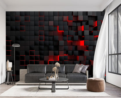 Tech Red Blocks Wall Mural Wallpaper for Bedroom 103" x 69"