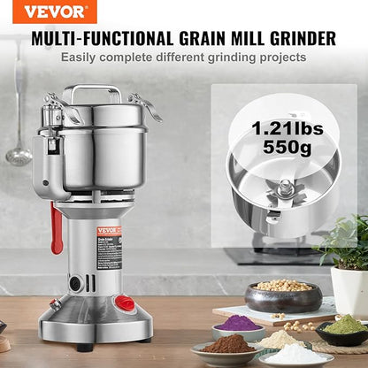 VEVOR 550g Electric Grain Mill Grinder, High Speed 2000W Commercial Spice Grinders, Stainless Steel Pulverizer Powder Machine, for Dry Grains Spices Cereals Coffee Corn Pepper, Straight Type