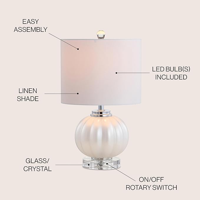 JONATHAN Y 17.5" White/Chrome Glass Table Lamp, Modern Crystal Bedside Lamp for Bedroom Living Room Nightstand, Glam Ribbed Accent Lamp, White Faux Silk Shade, LED Bulb JYL2076A