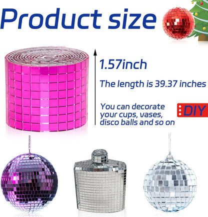 Self Adhesive Disco Ball Tiles, 3200 Pieces Rose Red Mirror Mosaic Tiles, 5 x 5 mm Glass, Modern Contemporary Style, Multi-Surface, Roll, 2 Rolls (Rose Red)
