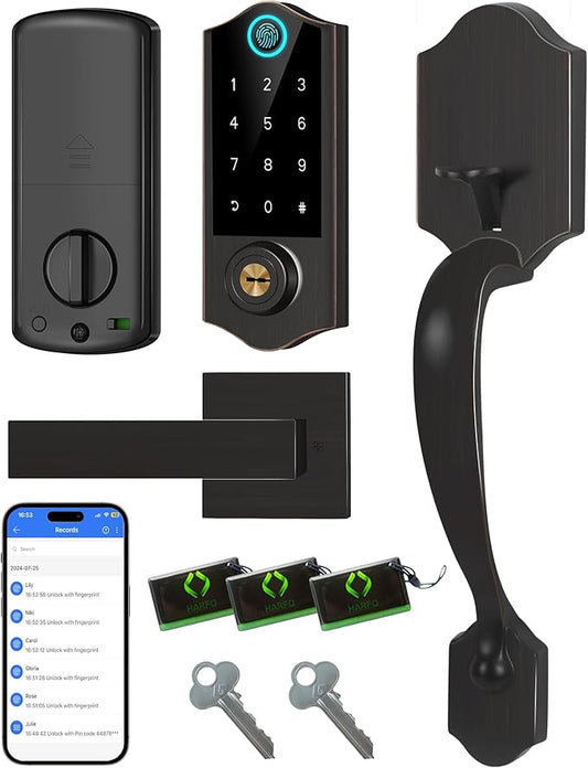 Harfo Fingerprint Smart Door Lock for Front Door with Handle Set, App Control, Keyless Entry Keyless Deadbolt, Digital Electronic Touchscreen Keypad, Auto Lock, Easy to Install, Aged Bronze