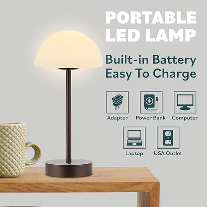 JONATHAN Y 12.5" Oil Rubbed Bronze/White Modern Rechargeable Portable LED Table Lamp, Cordless Dimmable Touch Accent Lamp with White Frosted Glass Shade for Bedroom Living Room Bar Vanity (JYL7109B)