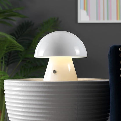 JONATHAN Y 7" White Rechargeable Cordless Mushroom Table Lamp, Portable LED Nightstand Lamp for Bedroom Living Room, Metal Shade, 3-Way Dimmable Touch Sensor Modern Accent (JYL7116B)