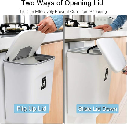 Tiyafuro 2.4 Gallon Kitchen Compost Bin for Counter Top or Under Sink, Hanging Small Trash Can with Lid for Cupboard/Bathroom/Bedroom/Office/Camping, Mountable Indoor Compost Bucket, White