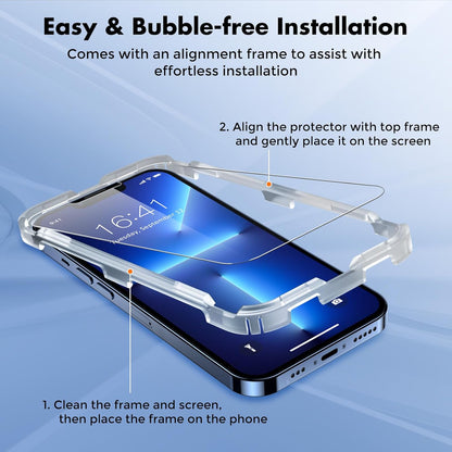 UNBREAKcable Screen Protector for iPhone 14/13/13 Pro [2-Pack] Double Shatterproof Tempered Glass [Easy Installation Frame] [9H Hardness] [99.99% HD Clear] [Bubble Free] for Apple 14/13/13 Pro 6.1''