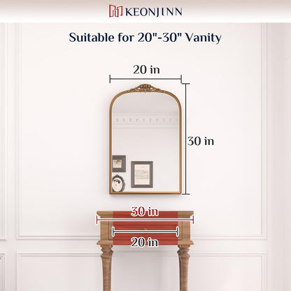 Keonjinn Vintage Gold Mirror 20" x 30", Arched Decorative Mirrors for Wall Decor, Antique Mirror Bathroom, Ornate Baroque Brass Mirror for Mantle, Entryway, Living Room, French Cleat Mounting