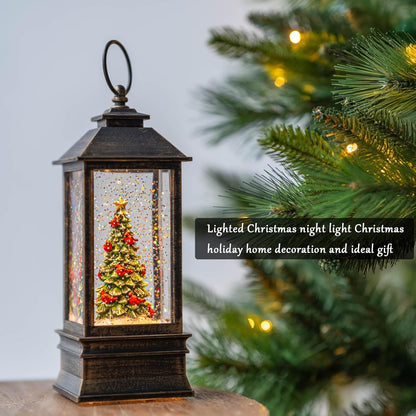 Christmas Snow Globe Lantern Water Glittering Christmas Tree with Music, USB Lined/Battery Operated Lighted Lantern for Christmas Festival Decoration Gifts