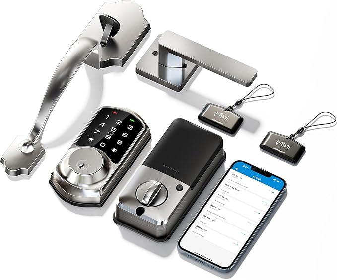 Veise VE06-H Smart Front Door Lock Set, App Control, Keyless Entry Deadbolt with Lever Handle, Electronic Digital Touchscreen Keypad, Auto Lock, Easy Install, Satin Nickel