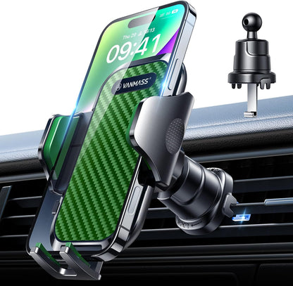VANMASS Car Phone Holder Mount 2025 Upgraded [Patent Steel-Hook] Car Vent Phone Mount Clip Military-Grade Shockproof Cell Phone Car Mount Handsfree Truck Stand Vent Cradle for iPhone 16 Android,Green