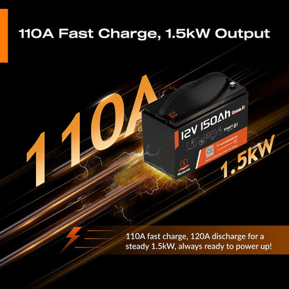 12V 150Ah LiFePO4 Lithium Battery BCI Group31 Bluetooth 2Pack,Built-in 110A BMS, Deep Cycle Battery for Solar, RV, Marine, Off-Grid Applications - 15000+ Life Cycles, Safe & Lightweight