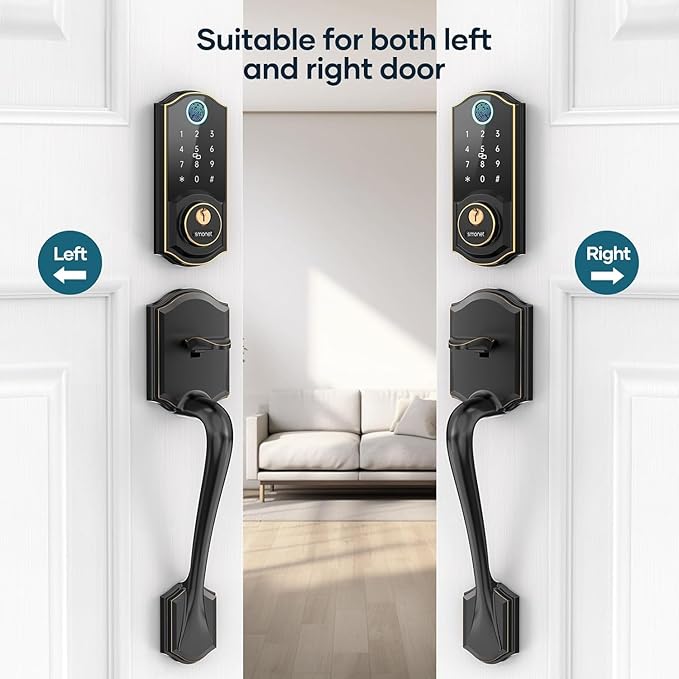 Smart Door Lock with Handle Set: SMONET Front Door Lock Set Keyless Entry, Fingerprint Keypad Bluetooth Alexa Deadbolt Lockset Suitables for Rental Management and Smart Home Residents