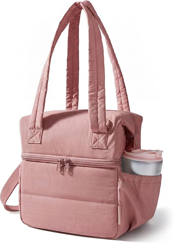 BAGSMART Double Deck Lunch Bag Women, Insulated Reusable Lunch Box, Quilted Puffer Lunch Tote with Shoulder Strap, Durable Large Lunch Cooler For Work Picnic Travel Meal Prep Flight, Nude Pink