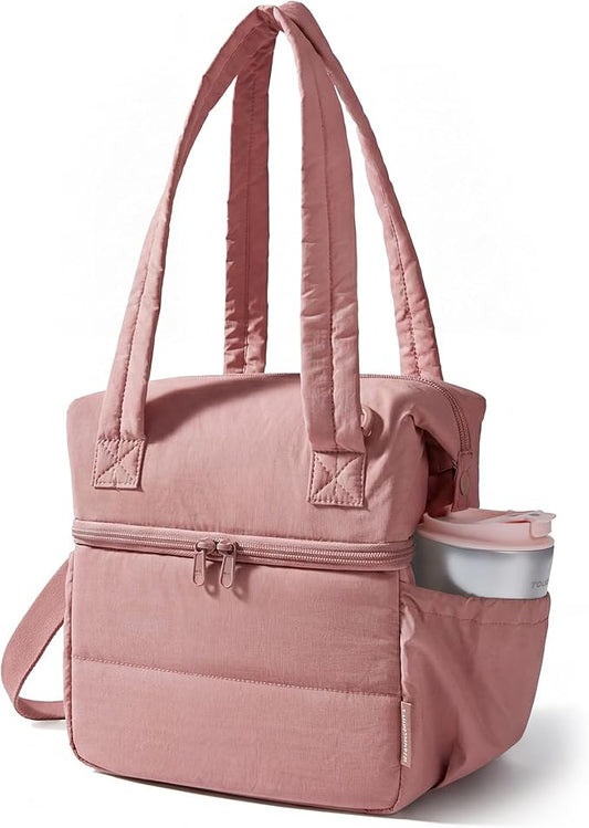 BAGSMART Double Deck Lunch Bag Women, Insulated Reusable Lunch Box, Quilted Puffer Lunch Tote with Shoulder Strap, Durable Large Lunch Cooler For Work Picnic Travel Meal Prep Flight, Nude Pink