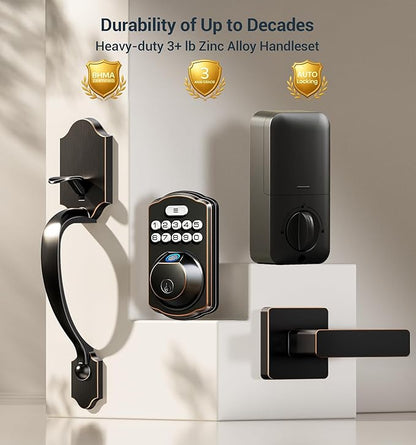 Veise Fingerprint Door Lock Set, Keyless Entry Door Lock, Front Handle Set, Electronic Keypad Deadbolt with Lever Handle, 2 Keys, Auto-Locking, One-time Codes, Easy to Install, Oil Rubbed Bronze