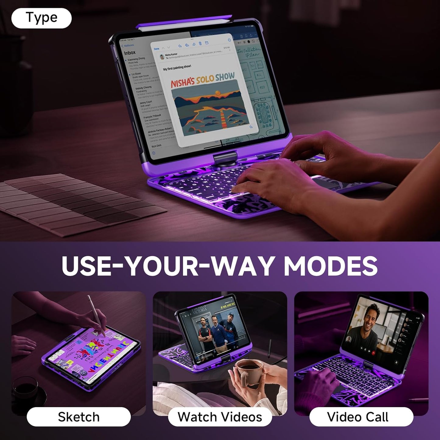 Transparent Case with Keyboard for 2024 iPad Pro 11-inch (M4),with 7-Color Backlit Wireless Keyboard, 360°Rotatable Protective Case Multi-Touch Trackpad,with Pencil Holder,with Shortcuts,Purple