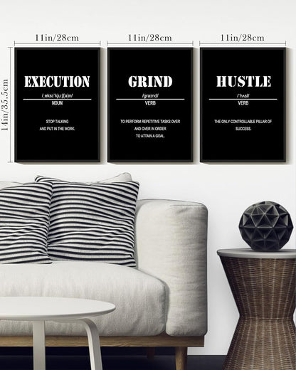 Drsoum Inspirational Office Framed Wall Art Motivational Grind Hustle Success Canvas Wall Decor Encouraging Quotes Sayings Paintings 3 Pieces Artwork Home Bedroom Easy to Hang 11x14in (Black Framed)