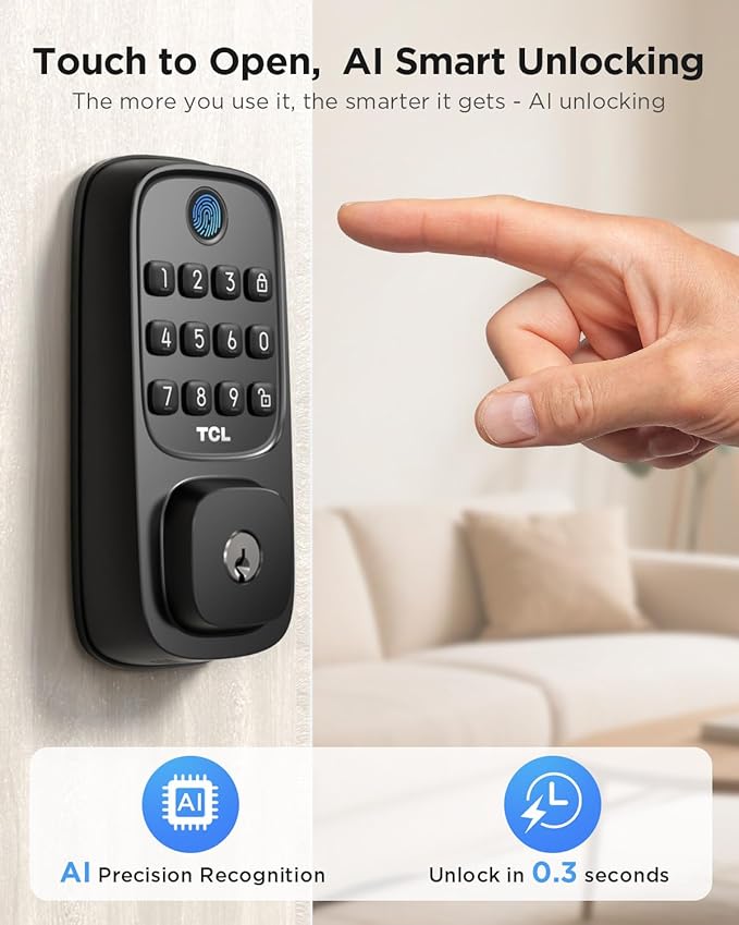 TCL D1 Smart Lock, Fingerprint Door Lock, Keyless Entry Keypad Deadbolt Lock for Front Door, Built-in WiFi, Works with Alexa/Google Assistant, Easy Installation, 8 Months Battery (Black)