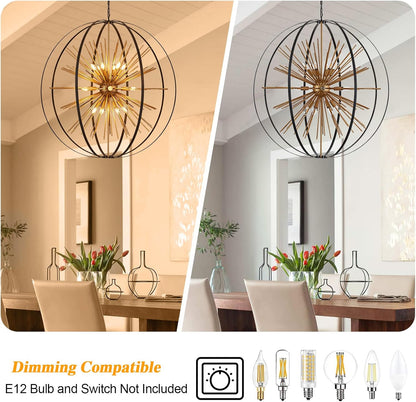43.3" Black Gold 18-Light Globe Sputnik Chandelier Modern Adjustable Hanging Ceiling Firework Pendant Light Fixture for Entryway Foyer Stairway Kitchen Dining Living Room Hallway
