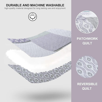 PANGUSHAN Quilt Set Queen Size, 100% Cotton Bedspread Quilt Bedding Set, Patchwork Reversible Floral Quilt for Queen Bed, Purple/Grey/White Bed Spread, Lightweight Comforter for All Season, 3 Pieces
