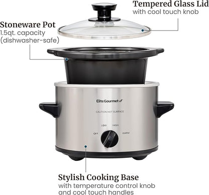 Elite Gourmet MST-250XS Electric Slow Cooker Ceramic Pot, Adjustable Temp, Entrees, Sauces, Stews & Dips, Dishwasher Safe Glass Lid & Crock, 1.5 Quart, Stainless Steel