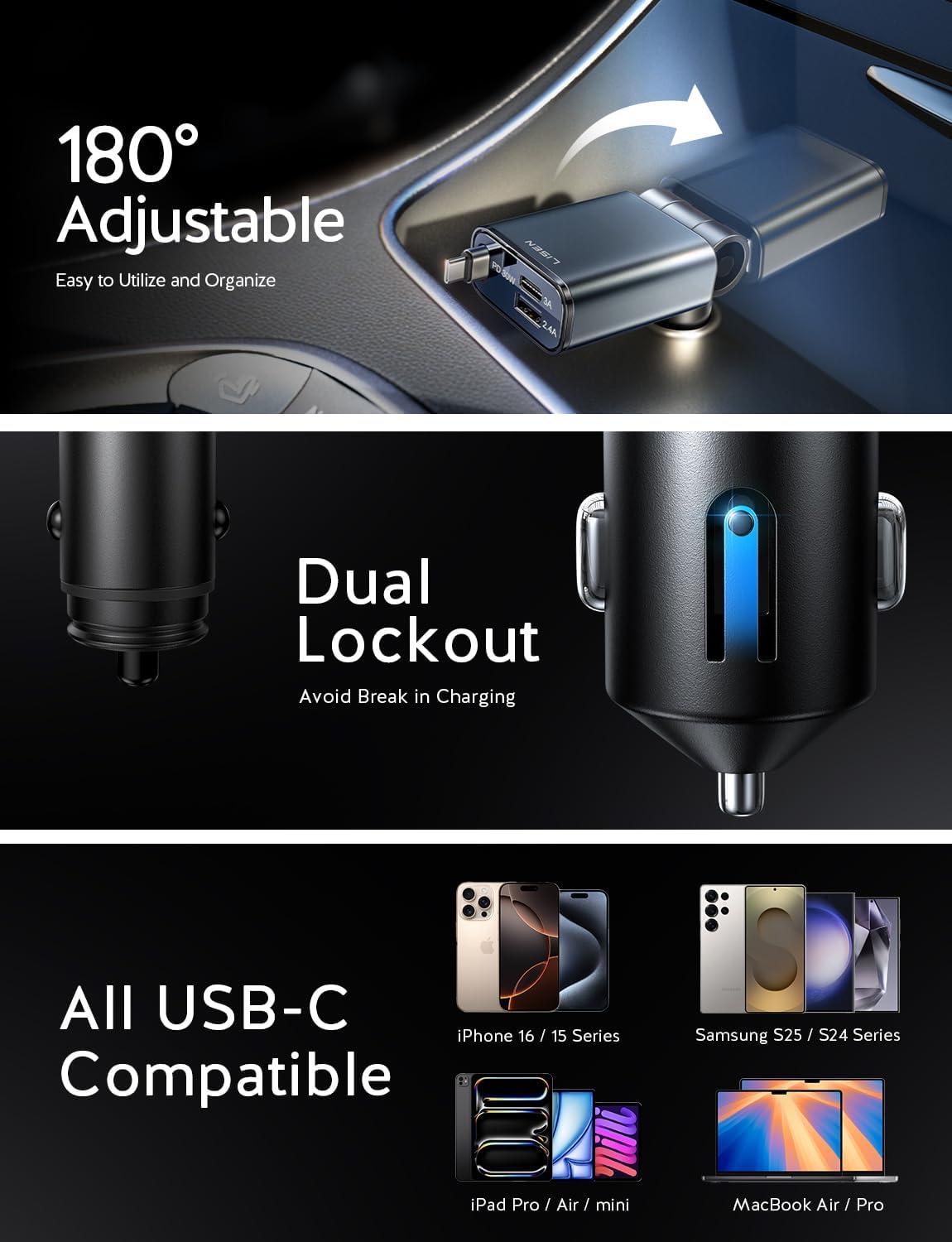 LISEN iPhone 16/15 Car Charger USB C Fast Charging Retractable,【60% Less Space,Mini】 57W Fast iPhone 16/15 USBC Type C Charger for 17 iPhone 16 15 Pro Max Plus，Samsung Galaxy S25/24 Z，Android