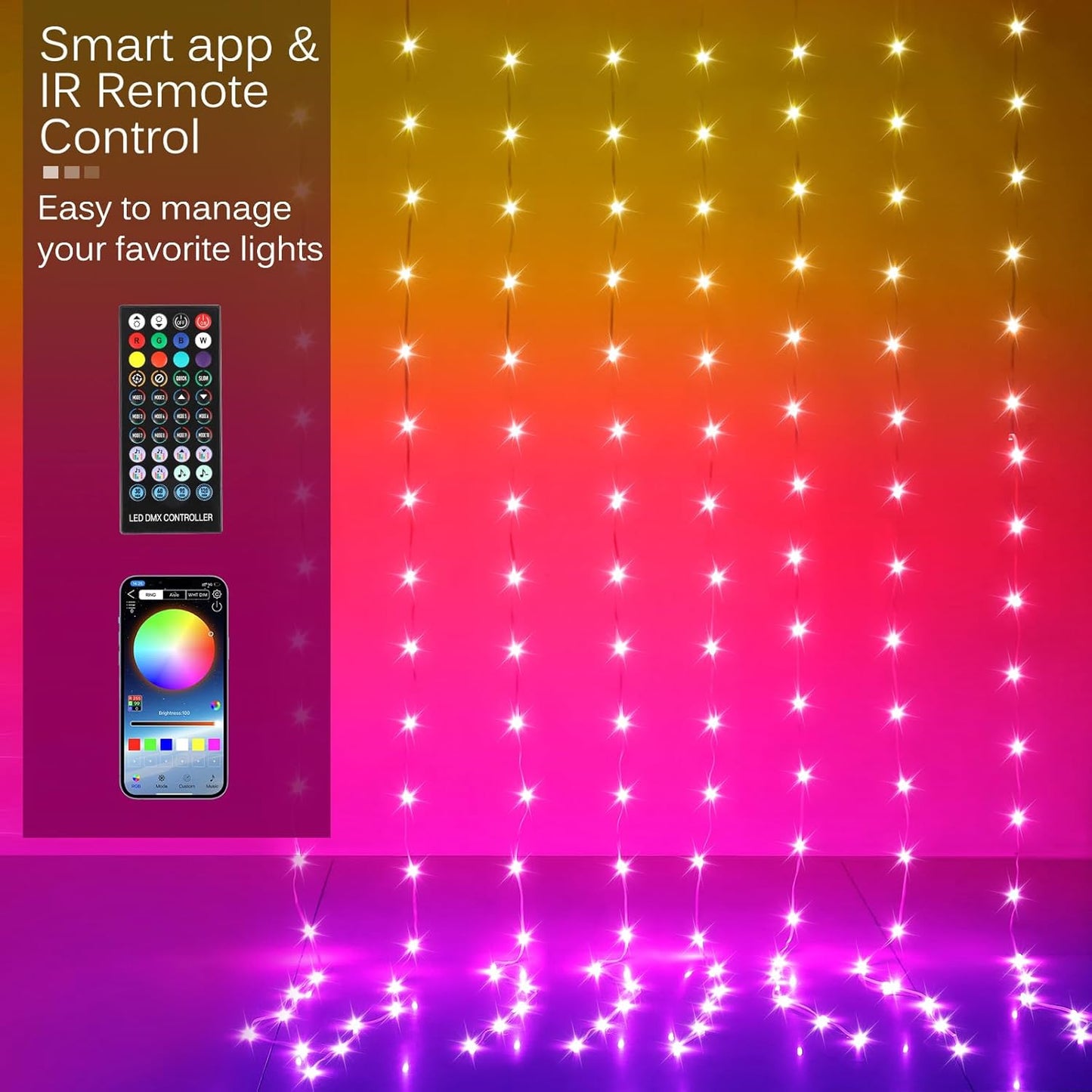 LED Curtain Lights, 9.8ft x 9.8ft 300 LED Color Changing String Fairy Lights Curtain Smart APP Control, Music & Voice Sync for Bedroom Wall Backdrop Indoor Outdoor Christmas Decorations