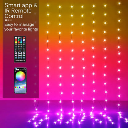 LED Curtain Lights, 9.8ft x 9.8ft 300 LED Color Changing String Fairy Lights Curtain Smart APP Control, Music & Voice Sync for Bedroom Wall Backdrop Indoor Outdoor Christmas Decorations