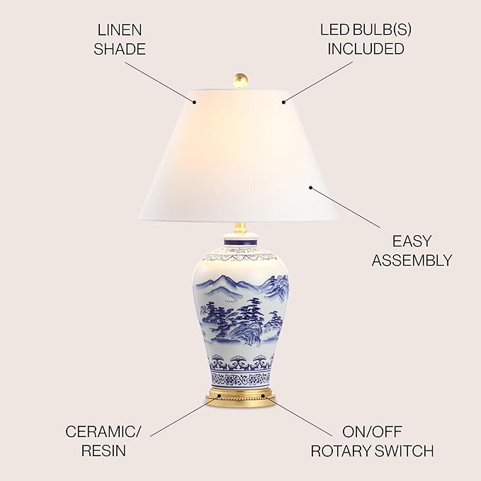 JONATHAN Y 26.5" Blue and White Ceramic Ginger Jar Table Lamp, Traditional Chinoiseries Landscape for Bedroom Living Room, White Linen Empire Shade, LED Bulb Included JYL6610A