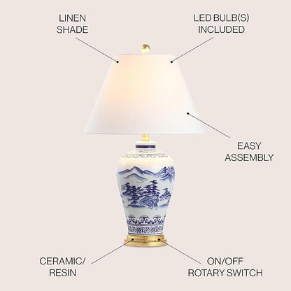 JONATHAN Y 26.5" Blue and White Ceramic Ginger Jar Table Lamp, Traditional Chinoiseries Landscape for Bedroom Living Room, White Linen Empire Shade, LED Bulb Included JYL6610A