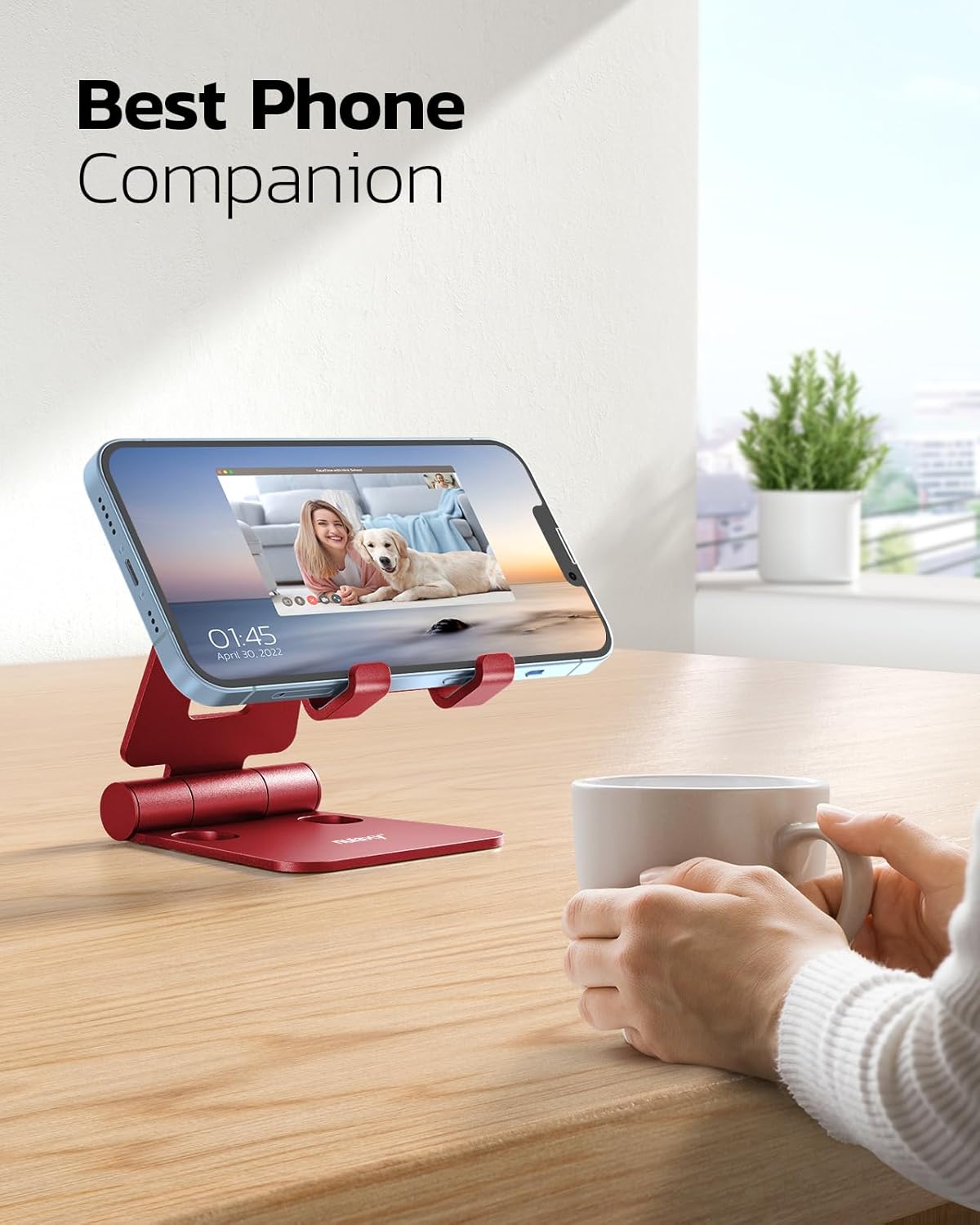 Nulaxy Dual Folding Cell Phone Stand, Fully Adjustable Foldable Desktop Phone Holder Cradle Dock Compatible with Phone 16 15 14 13 12 11 Pro Xs Xs Max Xr X 8, Nintendo Switch, All Phones - Red